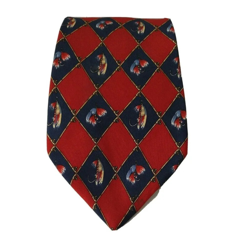 Tommy Hilfiger Red Blue Silk Tie Necktie Men Fishing Lure 58 in Long x 4 in Wide